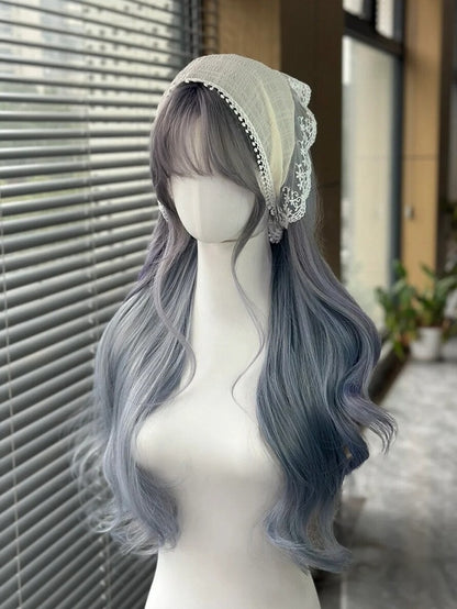 with Wig Wavy Blue Long Bangs 70CM Dusty Full