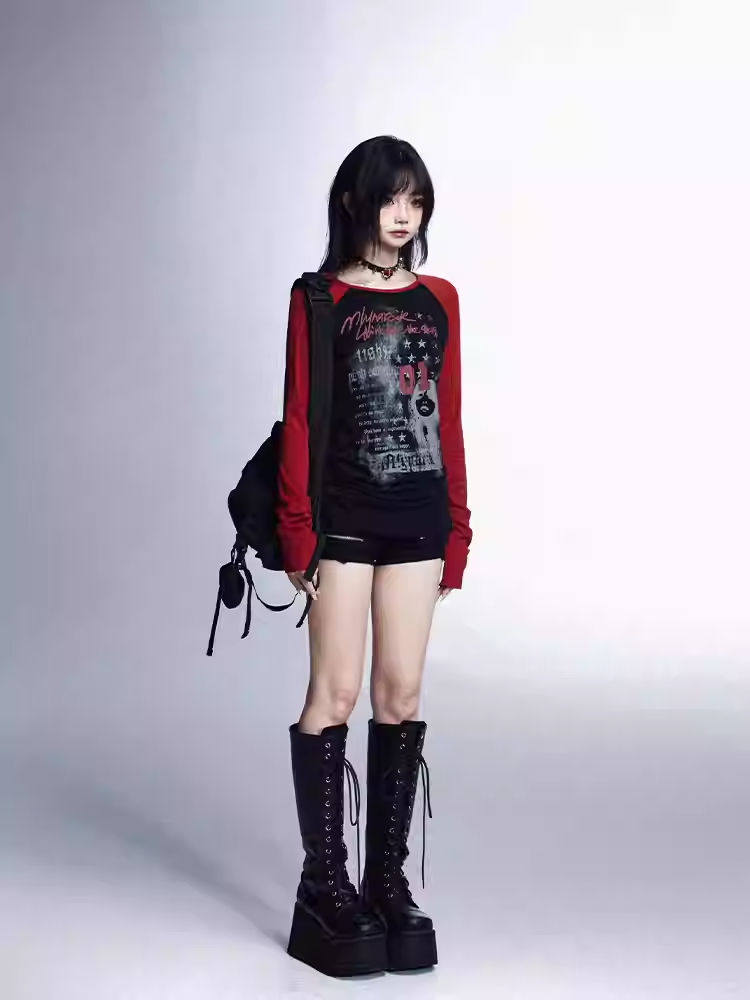 Vintage Glamouröse Grafik Top Hals Rot Schwarz Rund