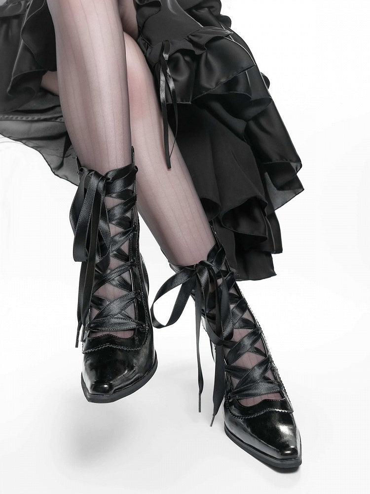 Polished Gothic Pointed-Toe Boots, Lace-Up & Back Zip, Black - EvilStar