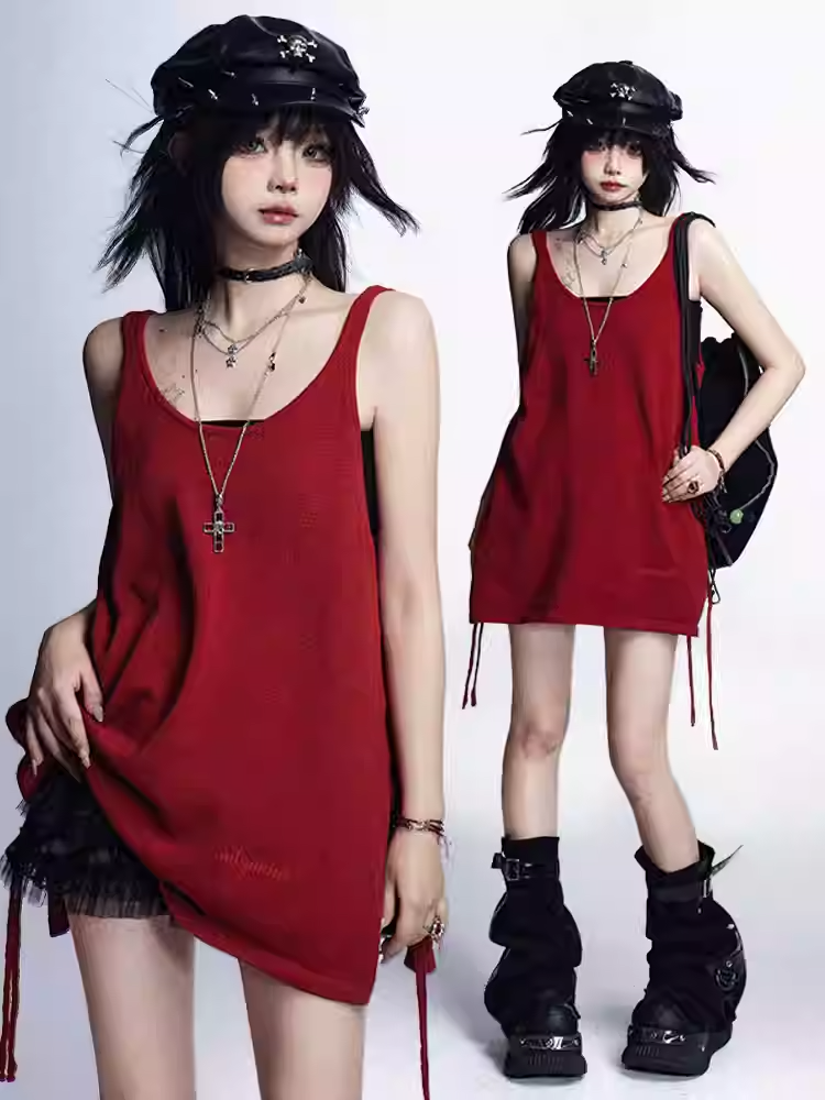 ビスチェタンクトップ ブラック グラマラス レッド サイドスリット ヴィンテージ セット トップス付き