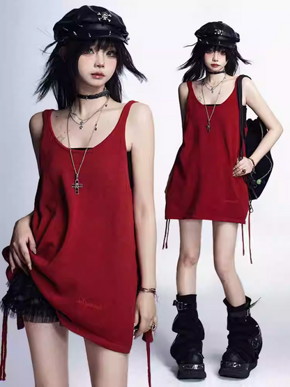 ビスチェタンクトップ ブラック グラマラス レッド サイドスリット ヴィンテージ セット トップス付き