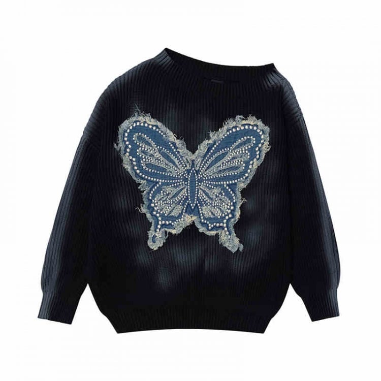 Wasteland Punk – Schwarzer Pullover mit Schmetterlingsapplikation und asymmetrischem Ausschnitt