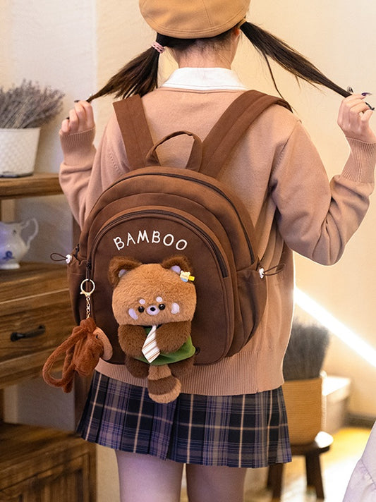 Brown Cute Backpack With Red Panda Plushie
