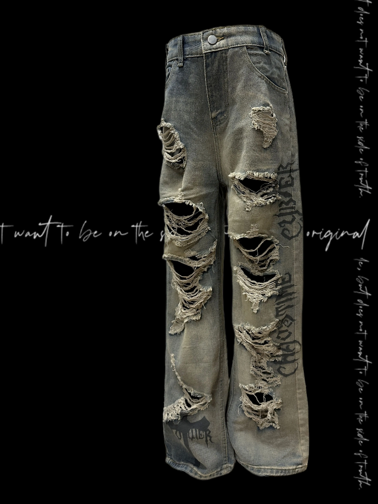 Wash Y2K Jeans Wasteland Punk Blue Faded Distressed Holes Glamorous