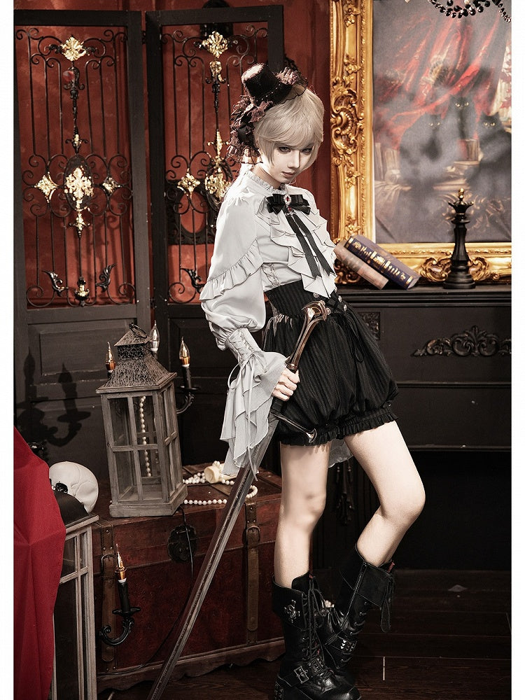 Gothic Ouji 5-Piece Ensemble: Poet Sleeve Shirt, Bloomers, Corset, Mini Hat & Bow Tie - With PUJI