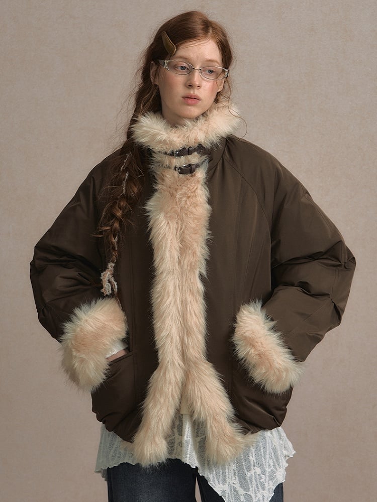 Light Gray/Brown Puffer Jacket with Buckle Strap and Plush Trim