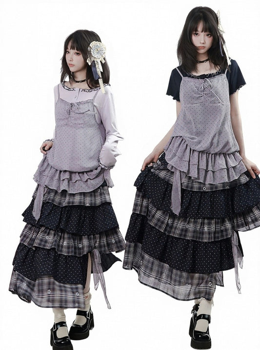 Black Dusty Purple Asymmetrical Tiered Long Skirt Plaid Polka Dot - PINK SAVIOR