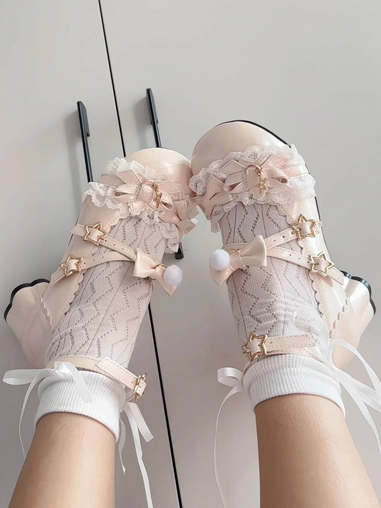 Sweet Janes Mary Lace Lolita PU with Trim in Leather Beige Mid-heel