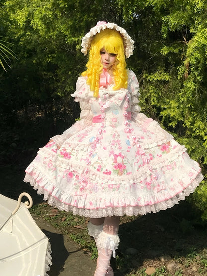 Sweet Floral Old-School OP Dress with Puff Sleeves & Tiered Skirt - Cat Magician