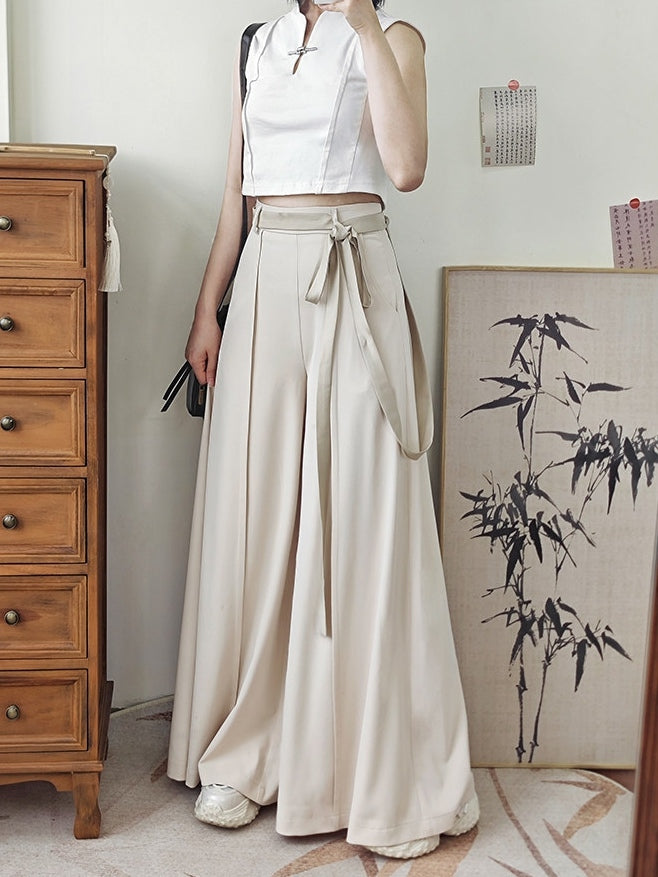 Back Zipper Waist Chinese Slash Pockets Discreet Beige at Front in Pants Wide-leg Style