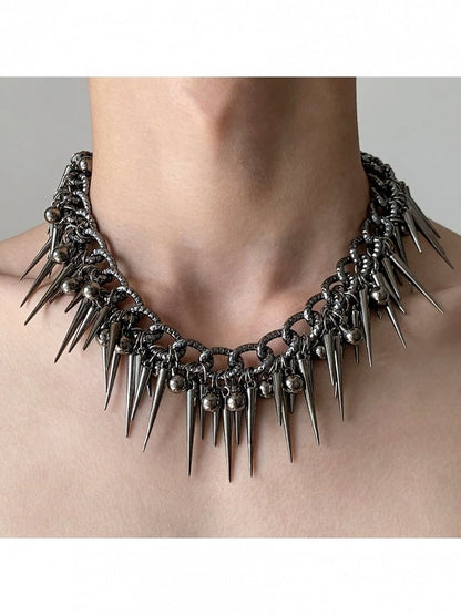 Silver Punk Spiked Chain Necklace with Round Beads - YSHXS