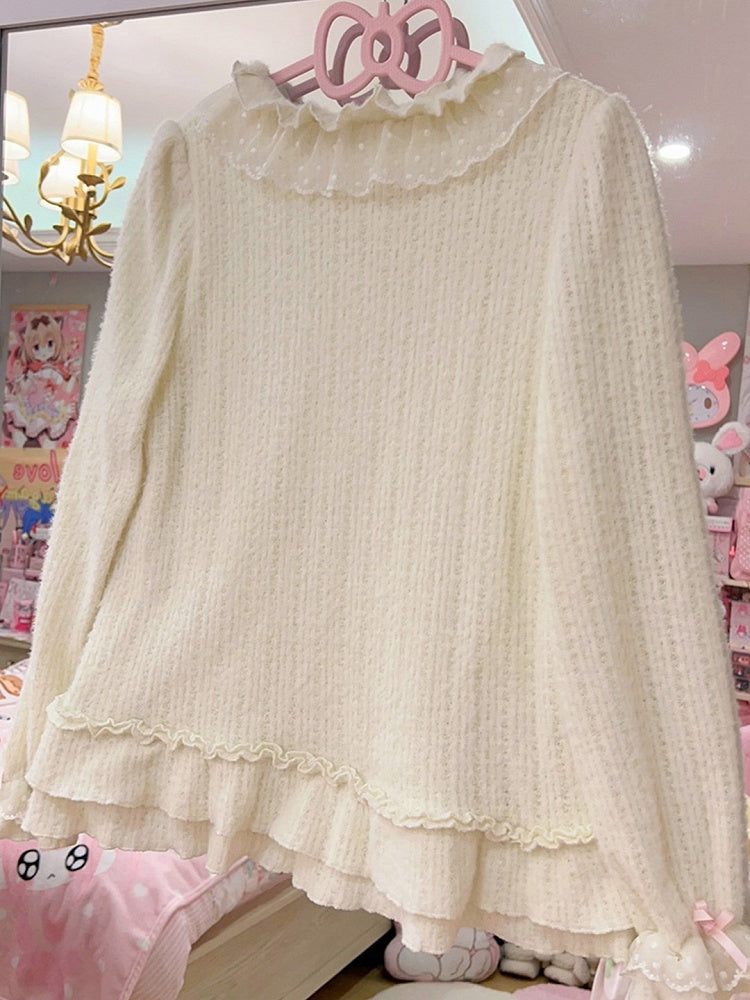Fleece Lining Beige Sweater with Lace Trim and Bowknot Accents