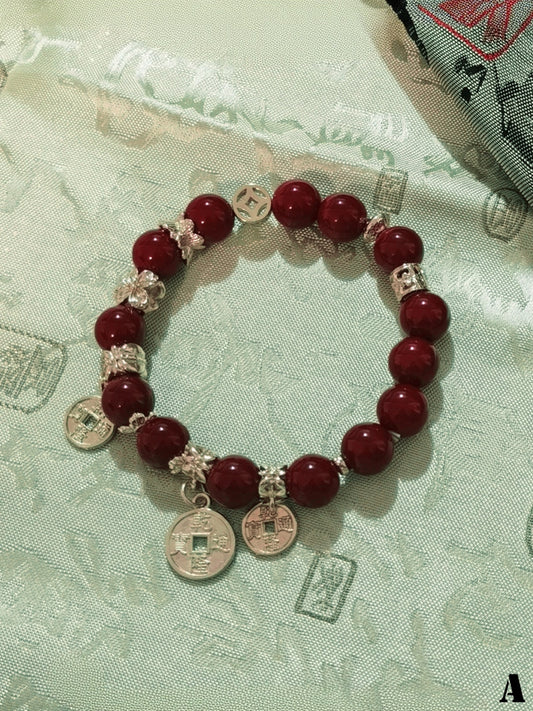 Chinoiserie Copper Coin Charms Red Beaded Bracelet