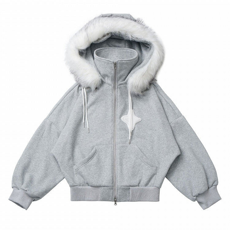 フェイクファーカラーのスターアップリケ付きグレーコート