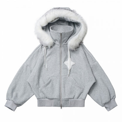 フェイクファーカラーのスターアップリケ付きグレーコート