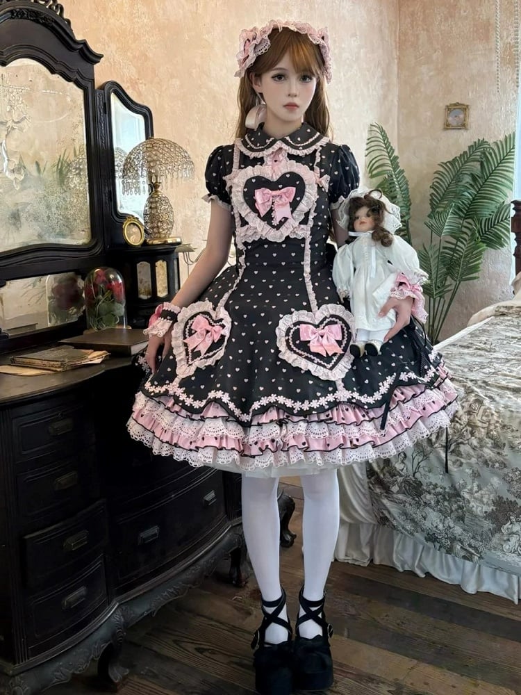 Heart Sweetheart Applique Lolita Sweet Dot Pink Dress Bow Accents Black with Polka