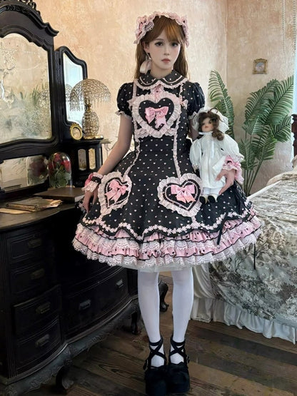 Heart Sweetheart Applique Lolita Sweet Dot Pink Dress Bow Accents Black with Polka