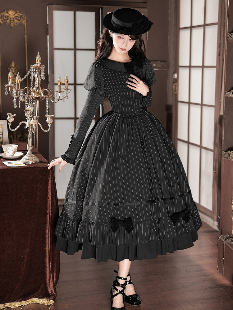 Black Striped Long Sleeve Lolita OP Dress Full Set with Mini Hat & 2-Way Bow Brooch - With PUJI