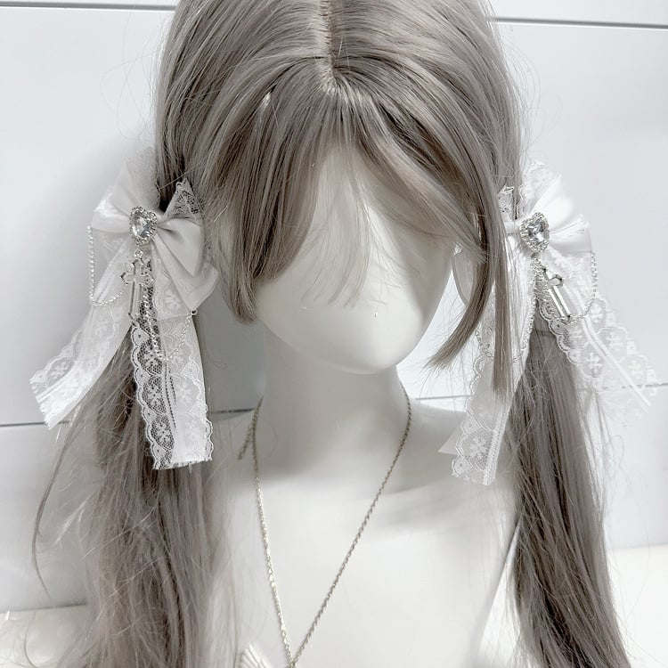 Charm Lace Bow Hairclips White/Pink/Dusty Cross Jirai Kei Pink/Black/Blue