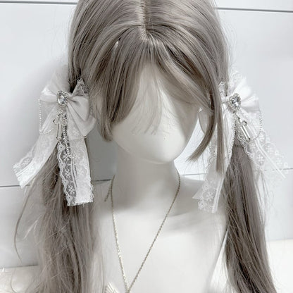 Charm Lace Bow Hairclips White/Pink/Dusty Cross Jirai Kei Pink/Black/Blue