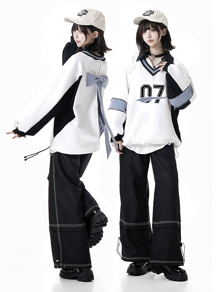 Front Sweatshirt with White Bow V-Neck Numeric Design Regular/Back Baseball-Style