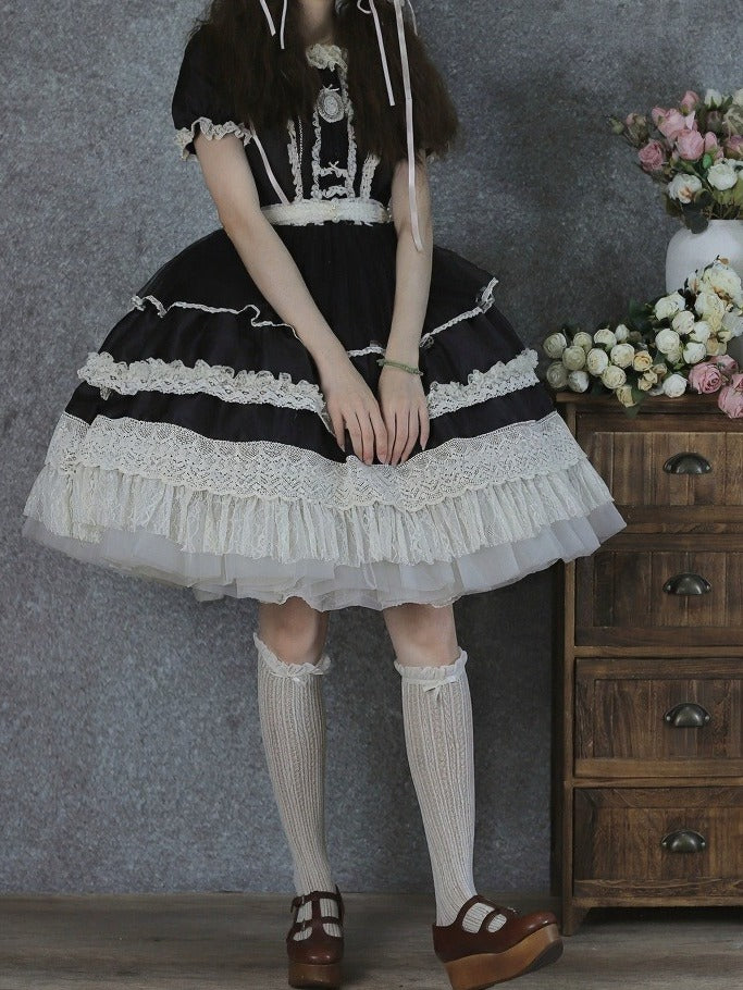 Black Square Neck Lace OP Dress with Bow - Tiny Garden
