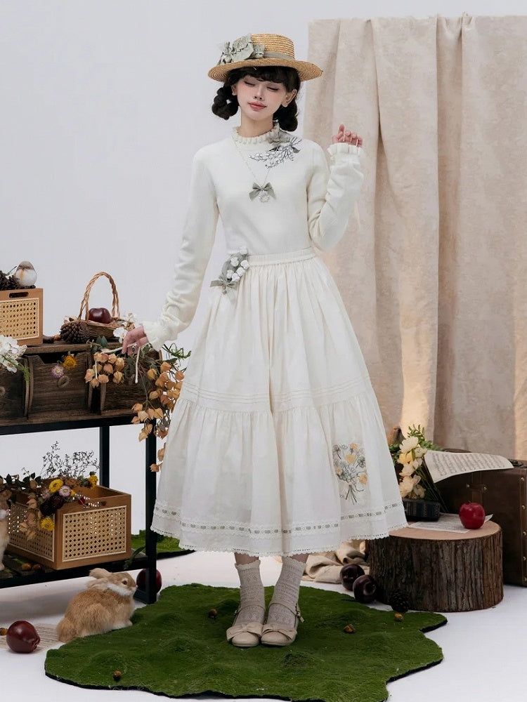 秋のカフストップリリーニットベージュレースアップ刺繍バレー