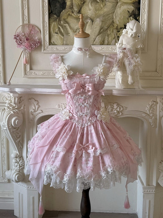 Pink Frog Version Print Jasmine-Embellished Lolita Buttons Short Corset with + Floral Top Skirt