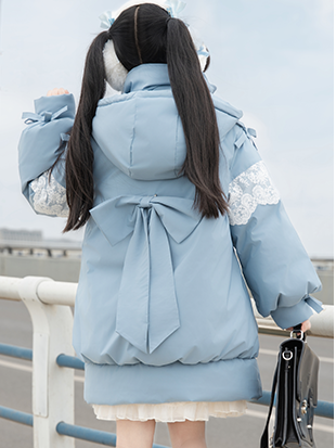 Accents Padded Bow Jacket with Blue Hooded Lace-Trimmed