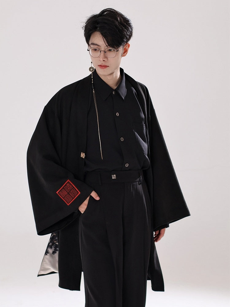 Unisex Details Coat Style with Chinese Sleeves Fringe Black Print Baggy Tree Long Mountain