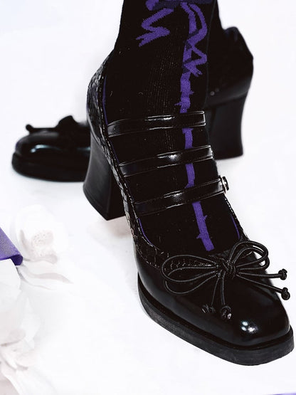 Quadratische Akzentzehe Gothic - 6,5 cm Absätze Schleife PU Schwarz Lolita Block Geknotet