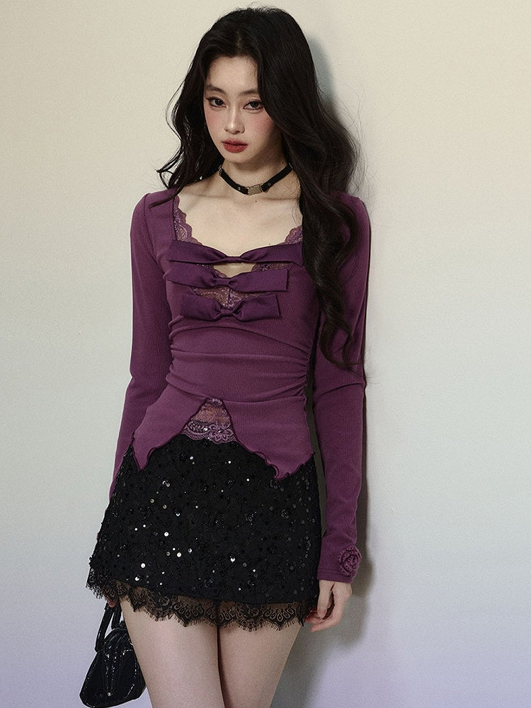 Purple Bow Accents Lace Trim V-neck Long-Sleeve Top