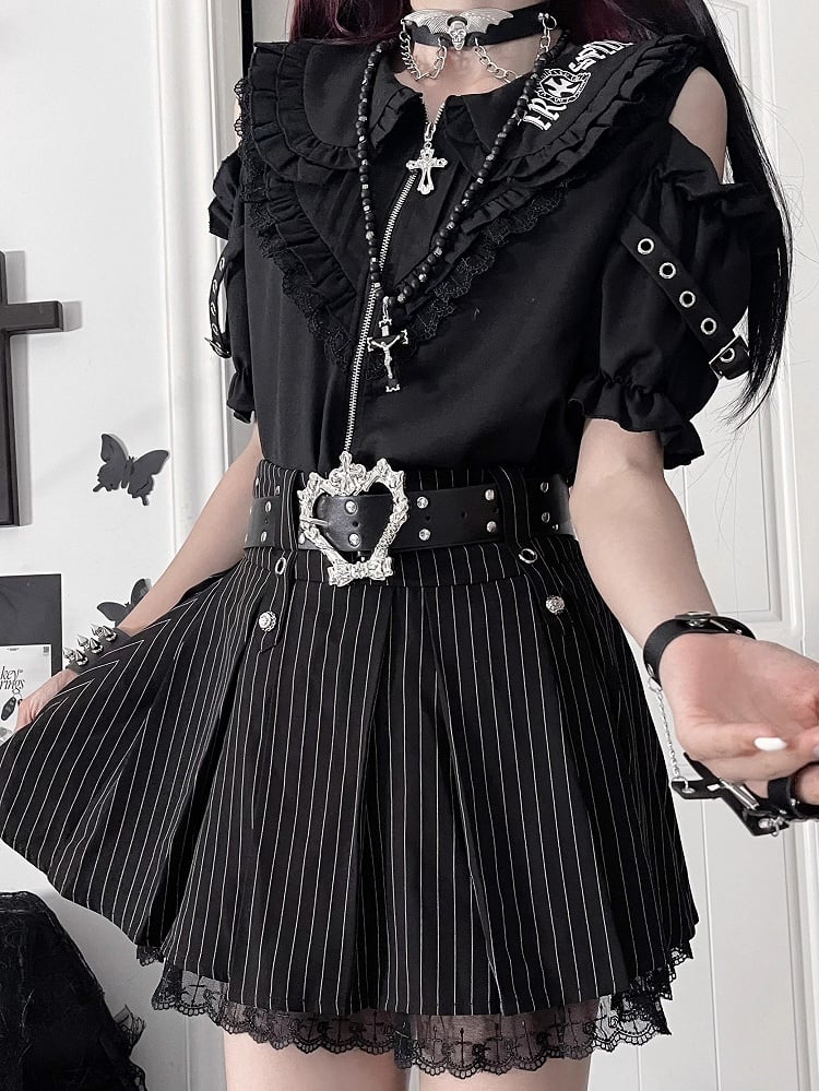 Accents with Black Short Shoulder Ruffle Gothic Sleeve Chest Cut-Outs Puff Shirt