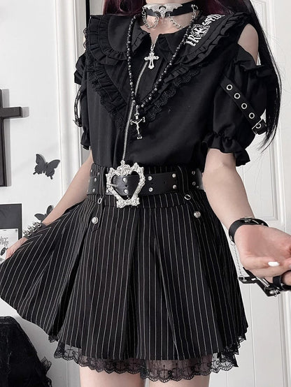 Accents with Black Short Shoulder Ruffle Gothic Sleeve Chest Cut-Outs Puff Shirt