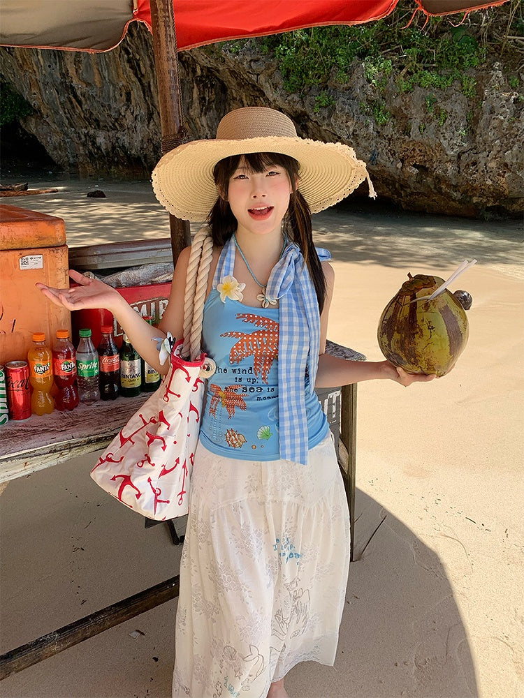 Palm with Self-tie Print Halter Blue Top Red