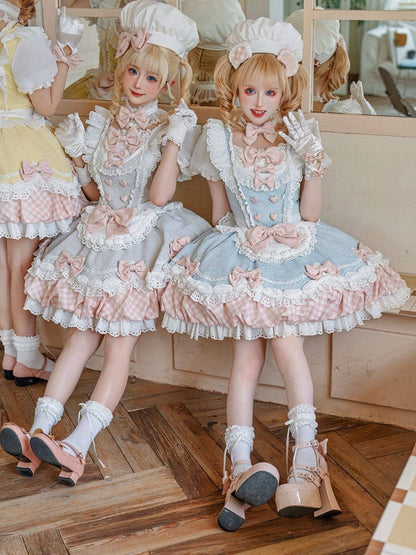 Light Blue Sweet Bow Faux Two-Piece Short Sleeve Lolita OP Dress with Apron - Asleep Townlet