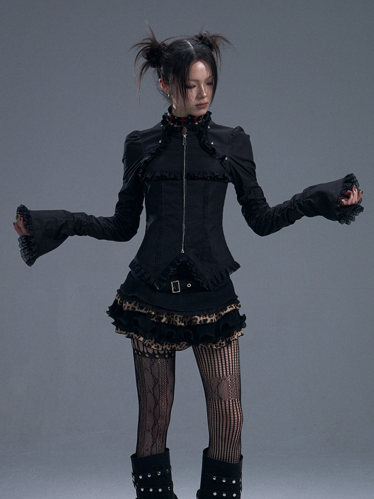 Lace-Trimmed Zipped Black Gothic Vintage Top