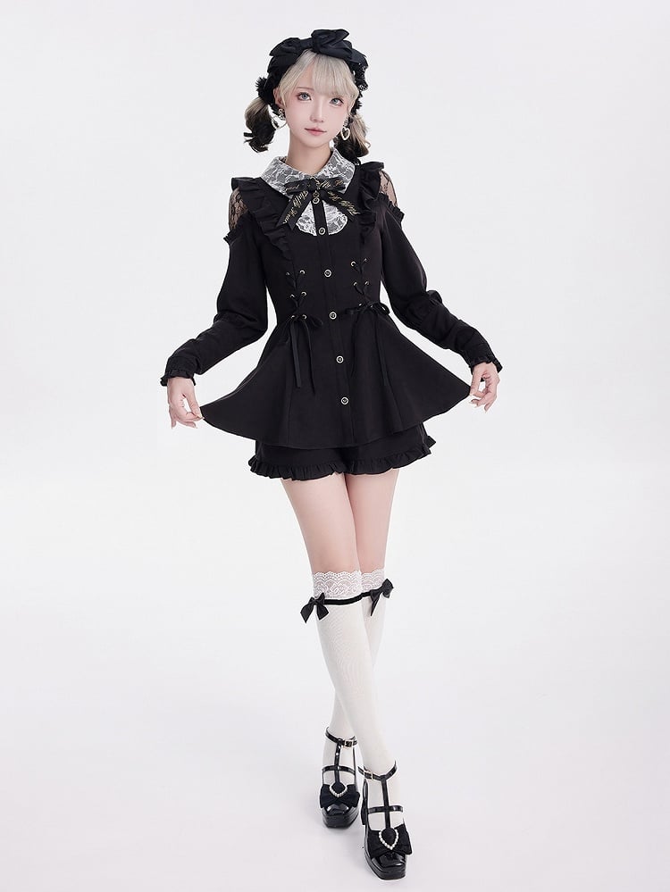 Shoulder Long Ruffle Jirai Hem Ensemble: Sleeve Black Cold Shorts Kei Top