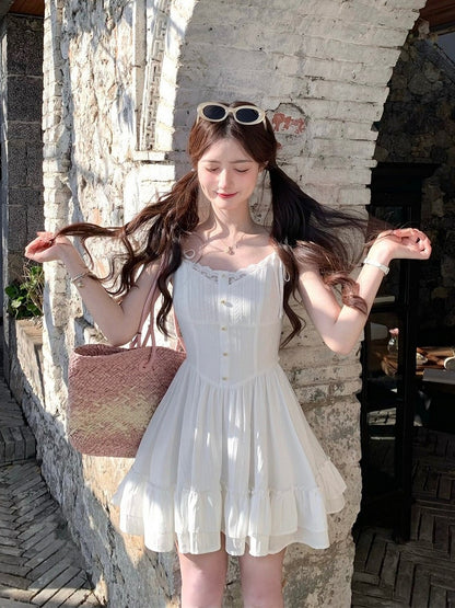 White Lace Detail Summer Holiday Dress - Qchiwawameme