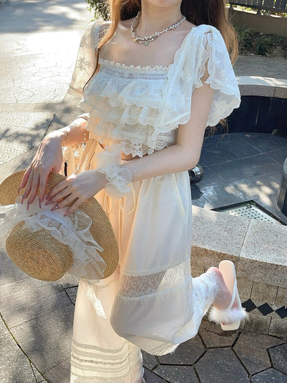 With Top Lace Overlay Chiffon White Floral Flounce Embroidered Creamy