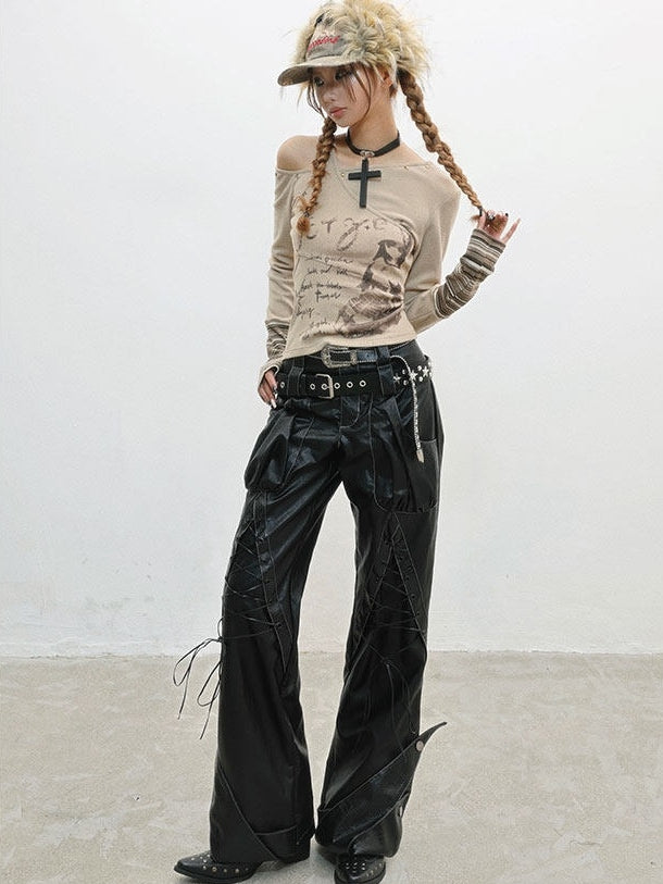 PU Punk Rock Black with Lace-Up Details Pants
