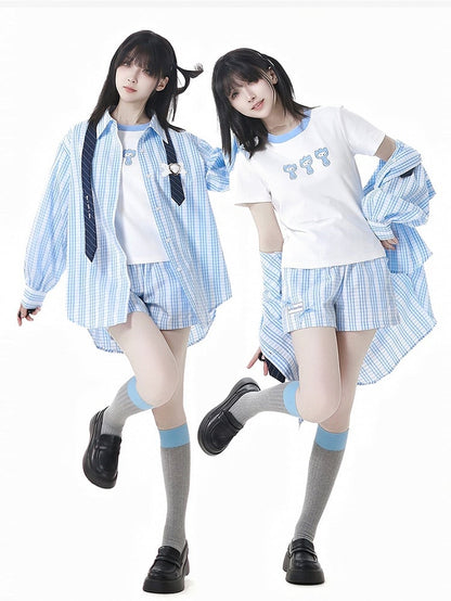 チェックシャツ ブルー＆ホワイト ネクタイデザイン ルーズ