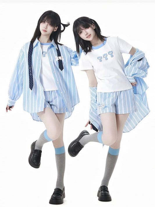 チェックシャツ ブルー＆ホワイト ネクタイデザイン ルーズ