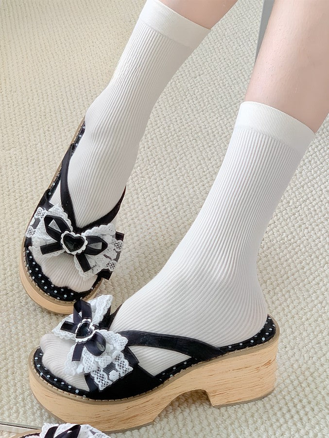 Bow Wa Heart Schwarz Weiß Applikation Lolita Bequeme Spitzenpantoffeln - Beschnitten