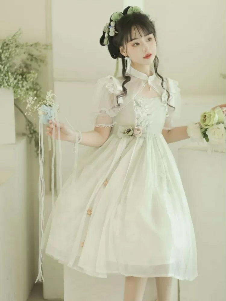 Banded Green Floral Embroidery Top Dress White Collar +