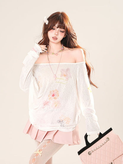 Coverup White Off-the-shoulder Neckline Floral Print Semi-sheer