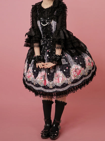 ロリータ スイート ブラック ストロベリー ジャンパー プリント スカート