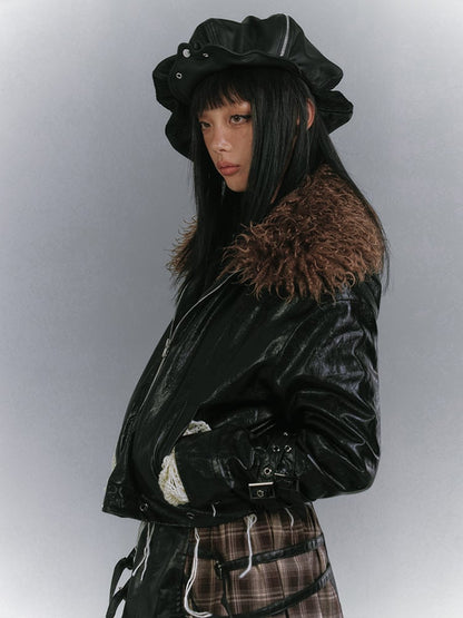 Glossy with Black Embroidery Faux Jacket Detachable Fur Padded Punk Eyelet Hem Metal Wing Collar