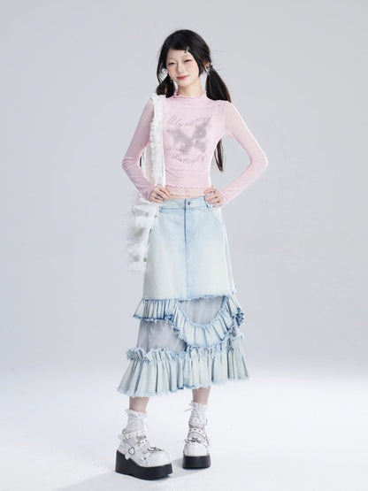 ピンク/ホワイトのセミシースルートップス、バタフライプリント、レタスヘムメッシュ