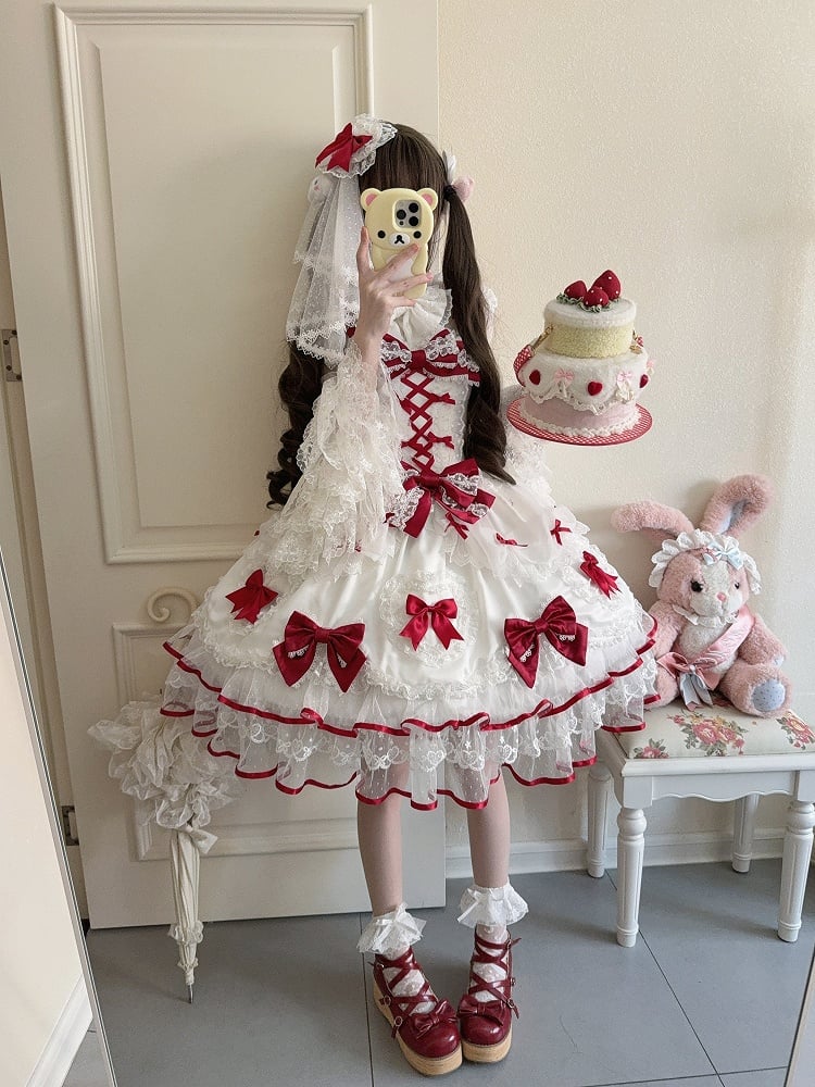 White Princess Lace Bow Doll-Style Sweet JSK Details Red with Lolita Dress